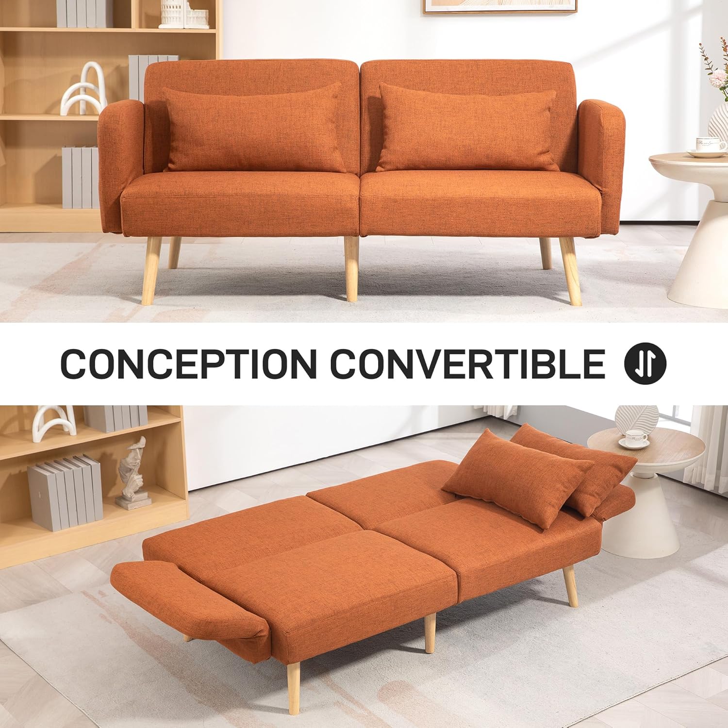 HOMCOM Canapé Convertible 3 Places, canapé-lit 2 Places, Dossier inclinable et accoudoirs réglables, canapé clic clac en Tissu Effet Lin, Pieds en Bois Massif, 2 Coussins lavables, Marron