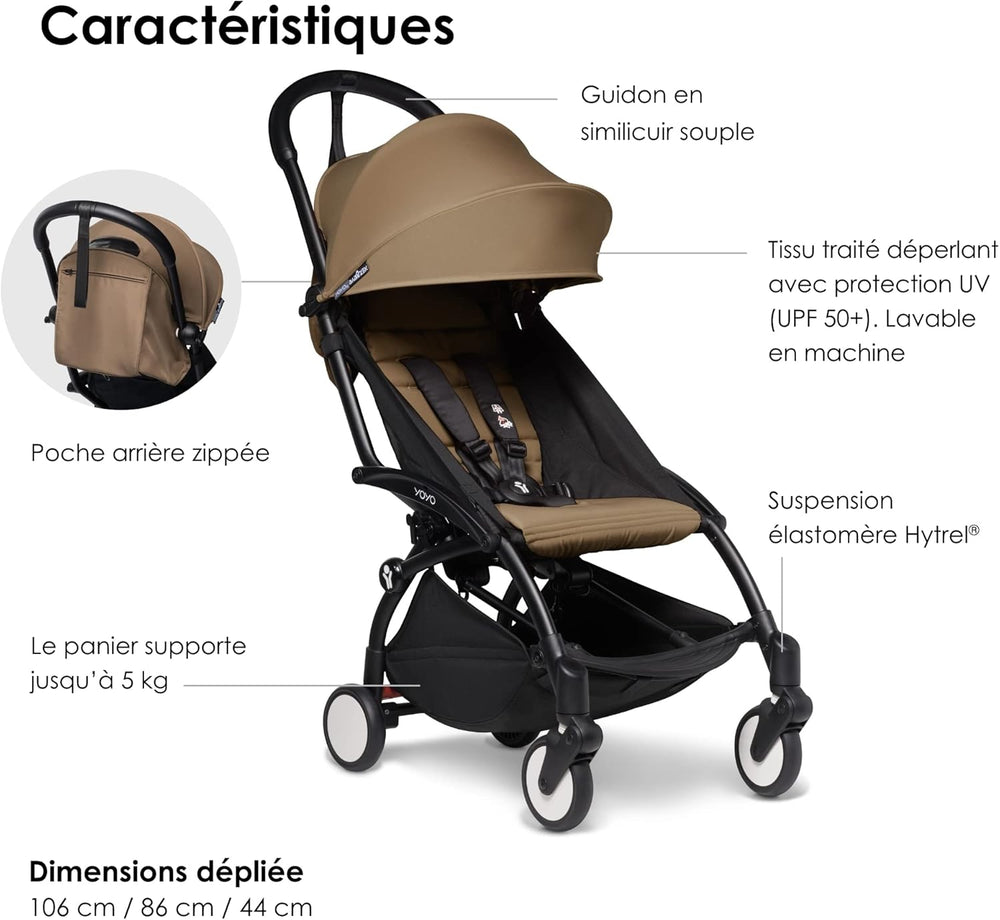 Poussette BABYZEN YOYO2 6+ (Cadre noir + pack couleur Aqua) - Comprend un harnais, un dossier, des arceaux de capote, une bandoulière, un coussin d’assise, et une capote assortie