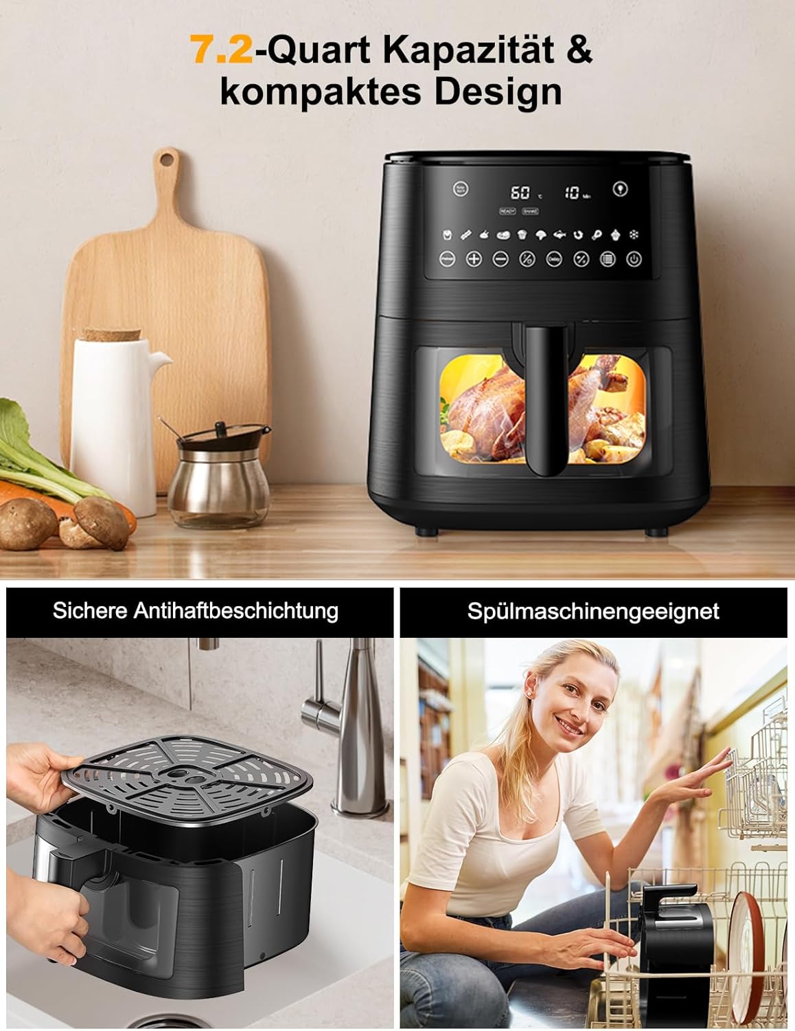 9L Dual Zone Air Fryer avec Fenêtre de Visualisation, Friteuse sans Huile avec 2 Tiroir, 9-in-1 Programmes de Cuisson, Écran Tactile, Fonction Rendez-vous, Faible en Grasses, Va au Lave-vaisselle