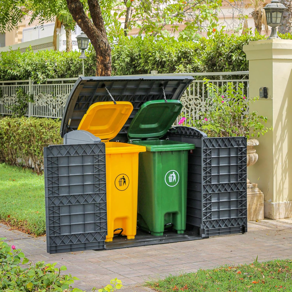 Duramax StoreAway 1200L Plastic Garden Shed/ Flat Lid, Outdoor Storage Shed, Wheelie Bin Hideaways, Wheelie bin box, Durable Construction, Ideal for Bikes, BBQs & 2x 240L Bins, 145x85x125 cm, Brown