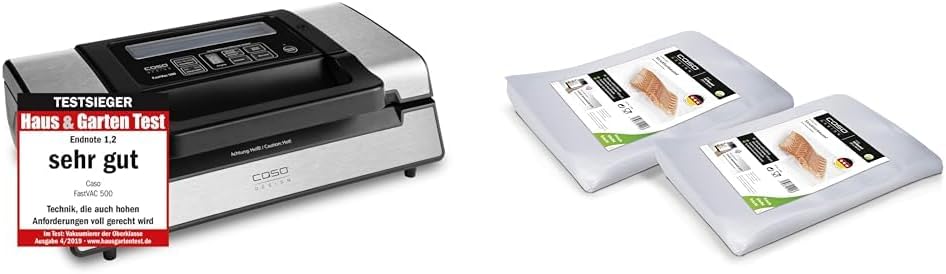 Caso FastVac 500, Professional Commercial Vacuum Sealer, Stainless Steel, Double Piston Pump, 15 Litres/Minute, Includes 2 Free Foil Rolls