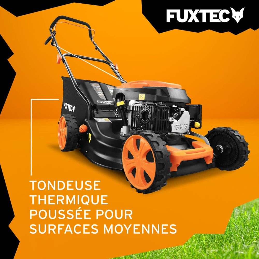 FUXTEC Tondeuse thermique pousse FX-RM4646ECO - Tres bon rapport qualit-prix - Easy Clean 3en1 largeur de coupe 46cm - bac de ramassage 50L