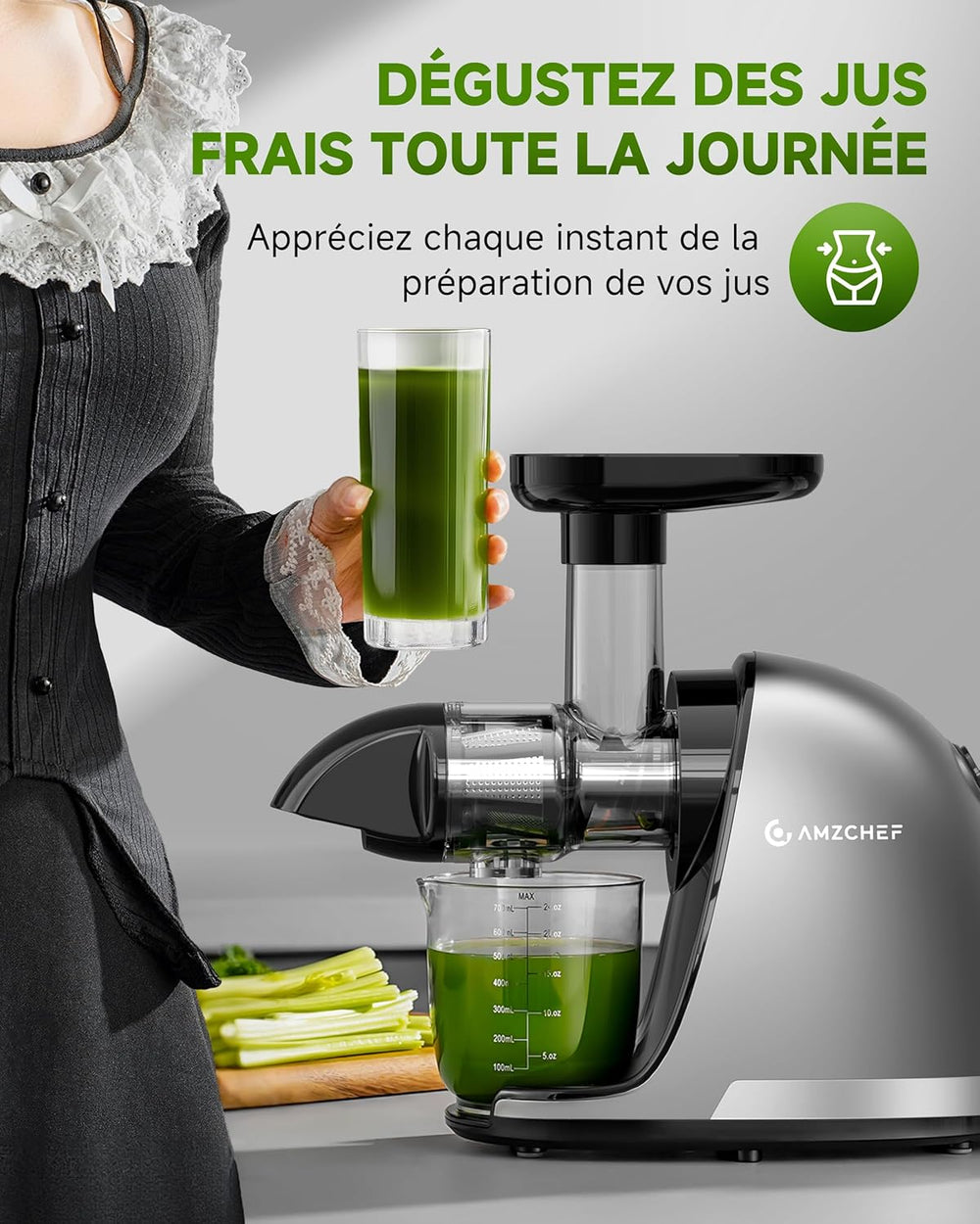 AMZCHEF Extracteur Jus - Extracteur de Jus de Fruits et Légumes - Presses-agrumes à Froid sans BPA avec 2 Tasses et Brosse - Fonction de Mastication Inversée pour Éviter les Blocages - Argent