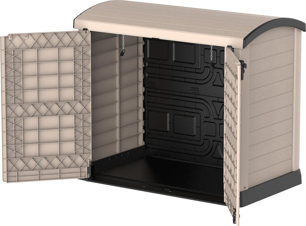 Duramax StoreAway 1200L Plastic Garden Shed/ Flat Lid, Outdoor Storage Shed, Wheelie Bin Hideaways, Wheelie bin box, Durable Construction, Ideal for Bikes, BBQs & 2x 240L Bins, 145x85x125 cm, Brown