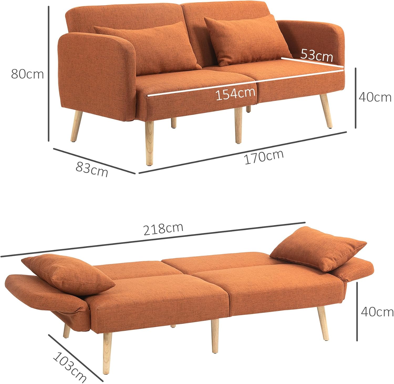 HOMCOM Canapé Convertible 3 Places, canapé-lit 2 Places, Dossier inclinable et accoudoirs réglables, canapé clic clac en Tissu Effet Lin, Pieds en Bois Massif, 2 Coussins lavables, Marron