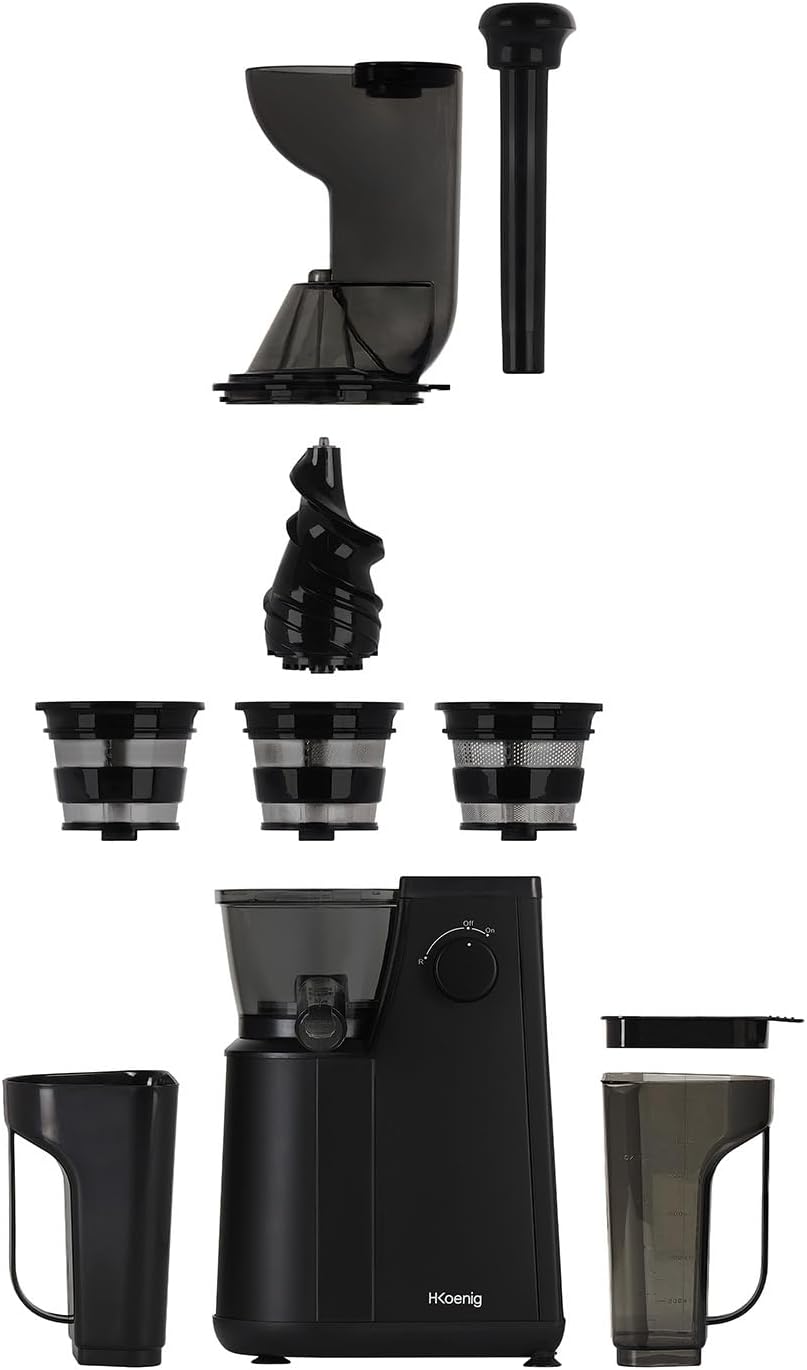 Extracteur de Jus de Fruits et Légumes vertical GSX24 H.Koenig Centrifugeuse Vitamin + sans BPA - 82 mm Large Bouche - 3 tamis pour jus fin ou épais et sorbet - Pression douce - 50 tours 400 W