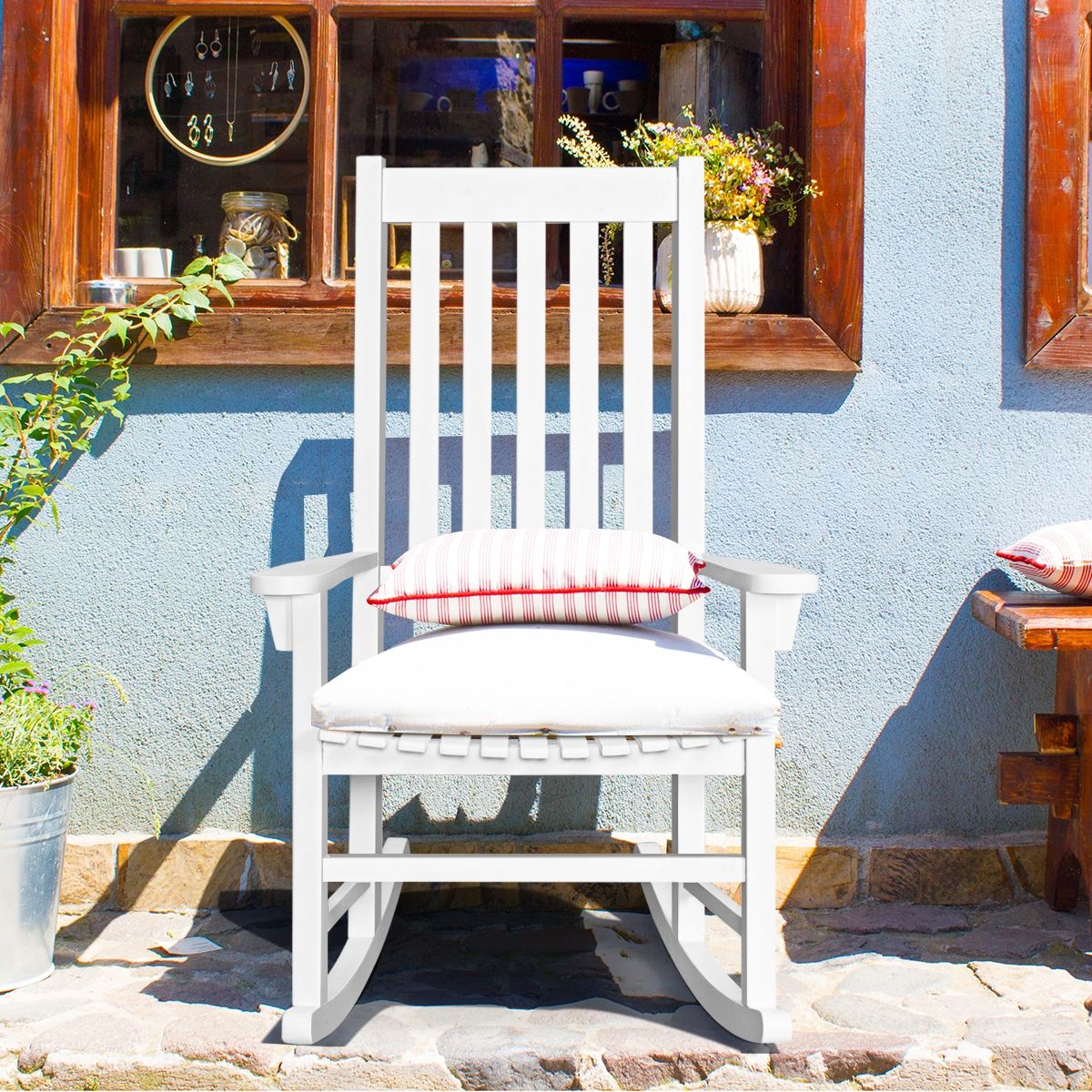 Fauteuil à Bascule en Bois d'Acacia Chaise Berçante pour Jardin Pelouse Balcon Blanc -