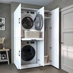 ROOMART Dora - Armoire de machine à laver - Pour sèche-linge et machine à laver - En 4 couleurs - Avec portes et panneau coulissant - Blanc - Chêne blanc - Chêne anthracite - Chêne blanc (chêne blanc)