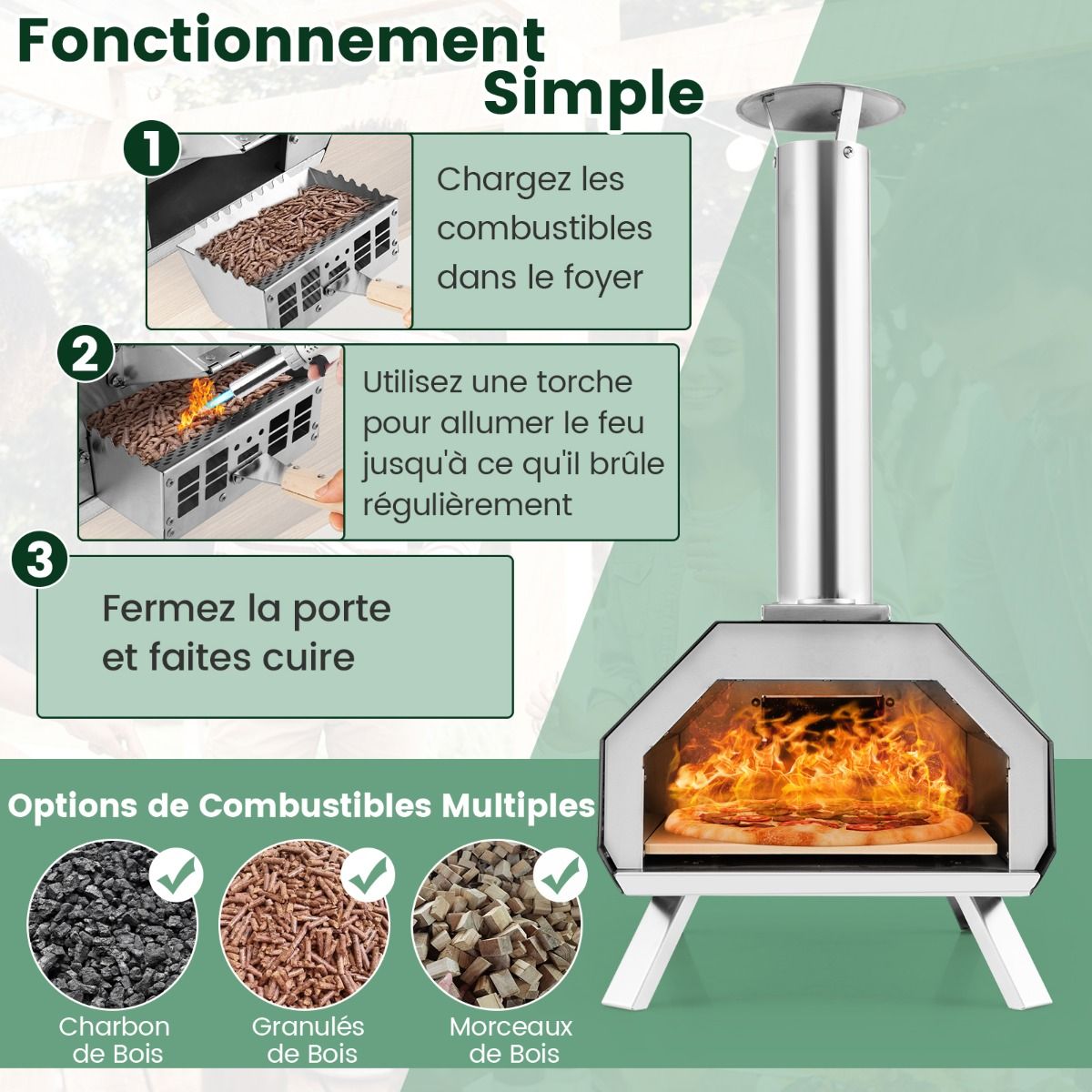 Four  Pizza Extrieur en Acier Inoxydable avec Pierre  Pizza de 30,5cm Four  Bois pour Pizza avec Pelle Pare-feu Pieds Pliables -