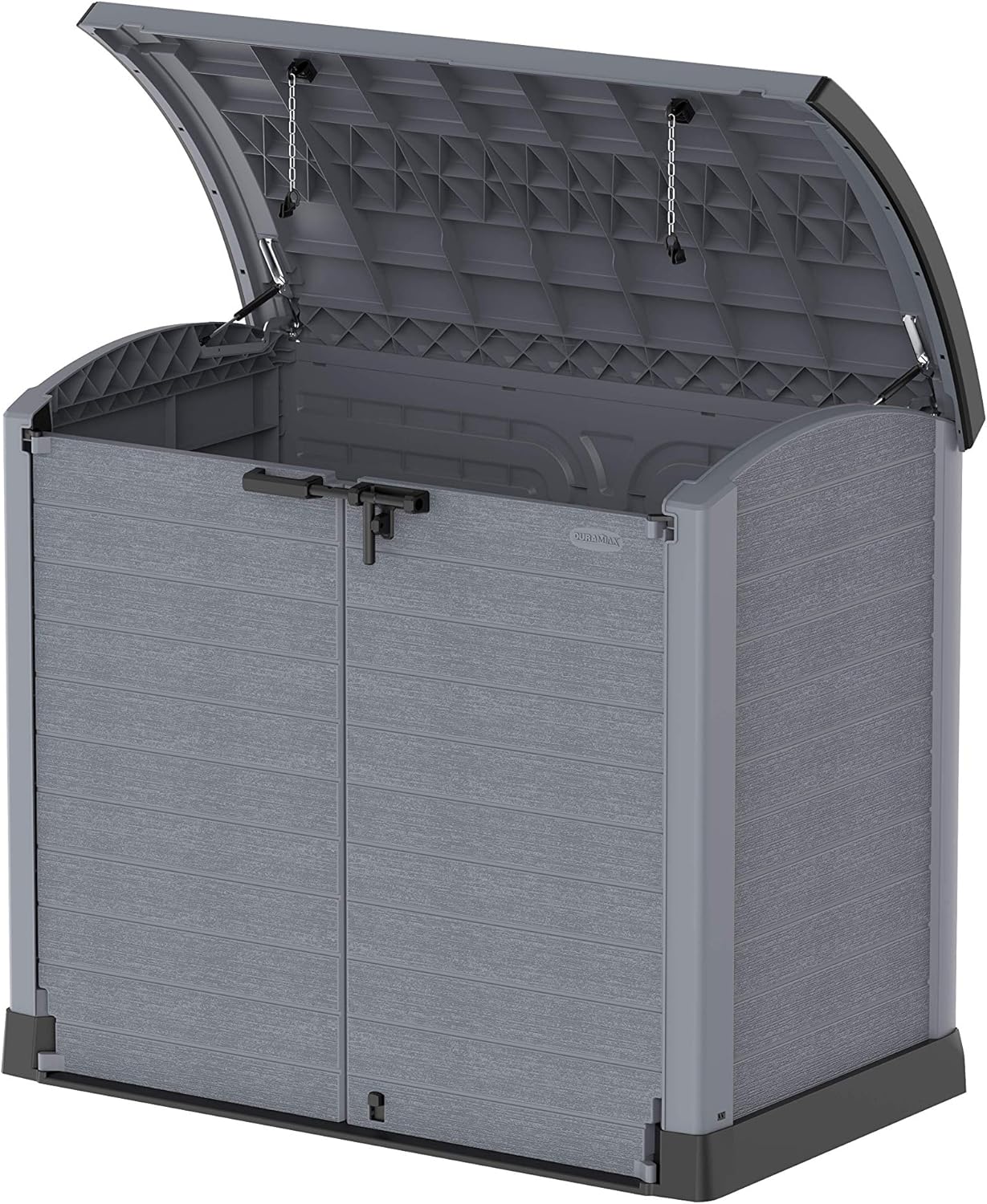 Duramax StoreAway 1200L Plastic Garden Shed/ Flat Lid, Outdoor Storage Shed, Wheelie Bin Hideaways, Wheelie bin box, Durable Construction, Ideal for Bikes, BBQs & 2x 240L Bins, 145x85x125 cm, Brown