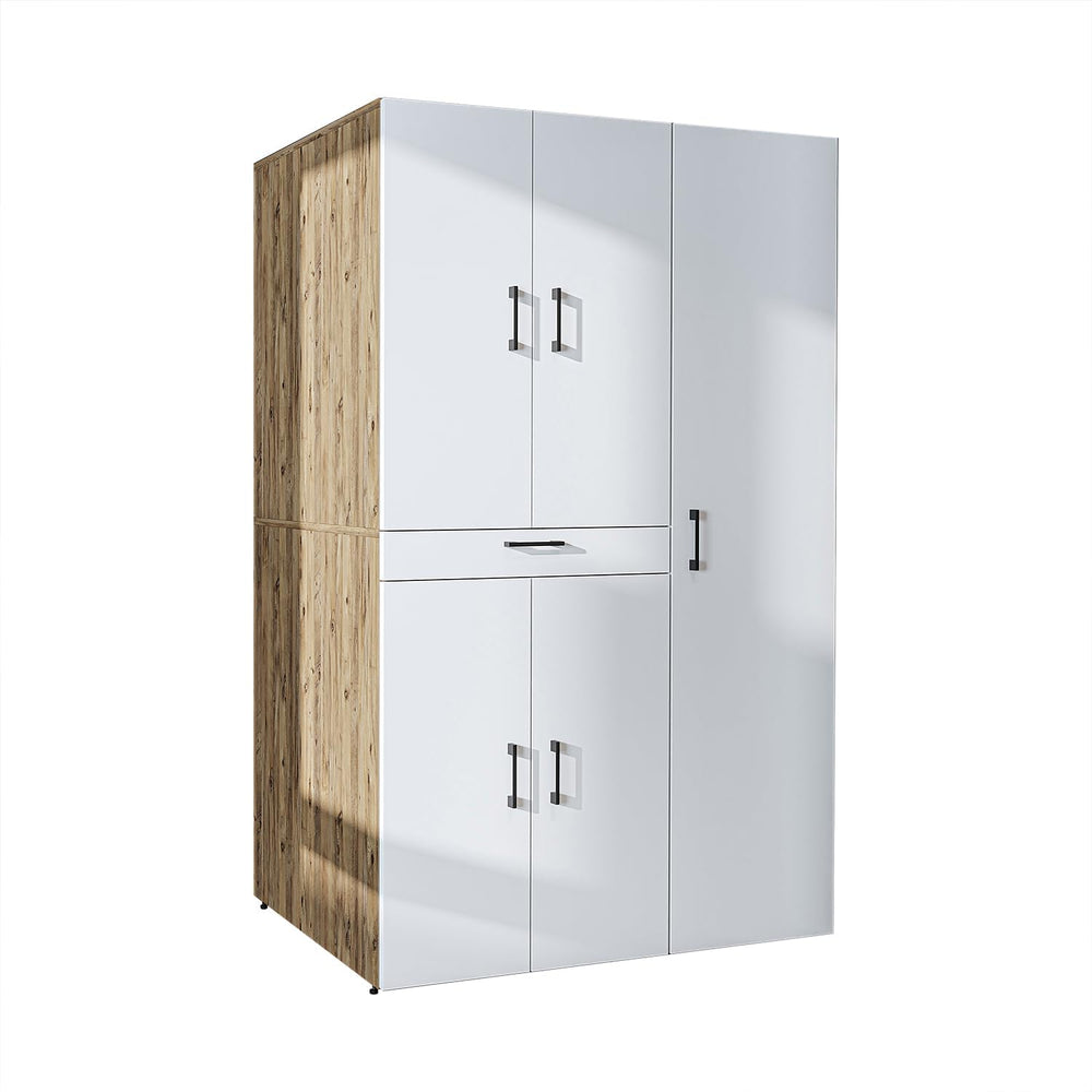 ROOMART Dora - Armoire de machine à laver - Pour sèche-linge et machine à laver - En 4 couleurs - Avec portes et panneau coulissant - Blanc - Chêne blanc - Chêne anthracite - Chêne blanc (chêne blanc)