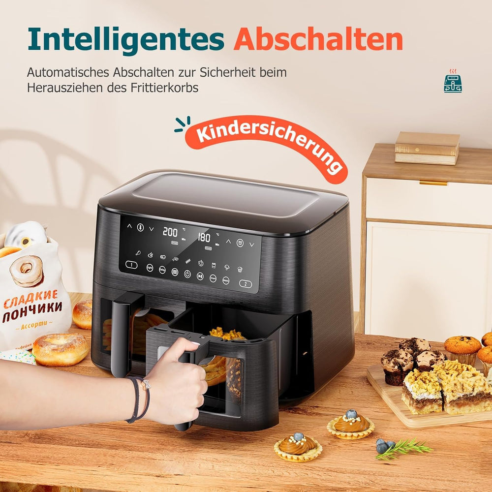 9L Dual Zone Air Fryer avec Fenêtre de Visualisation, Friteuse sans Huile avec 2 Tiroir, 9-in-1 Programmes de Cuisson, Écran Tactile, Fonction Rendez-vous, Faible en Grasses, Va au Lave-vaisselle