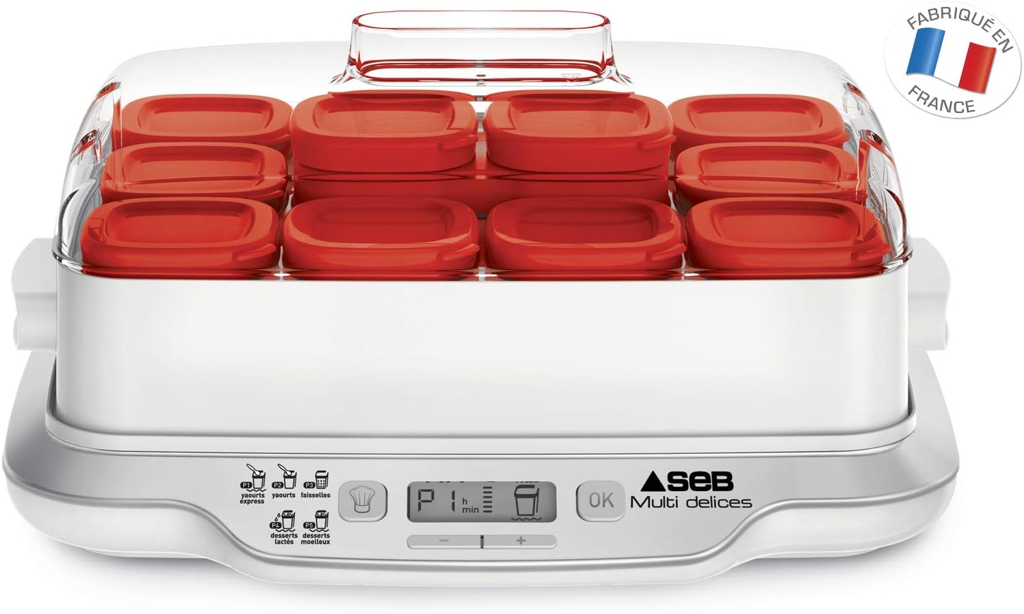 Seb Yogurt Maker 12 Jars, Glass Jars 140 ml, 5 Automatic Programs, BPA-Free, Compact, Homemade Yogurt & XF101001 Delices Box Box 1 L Tray White Yogurt-Cheese with Drainer