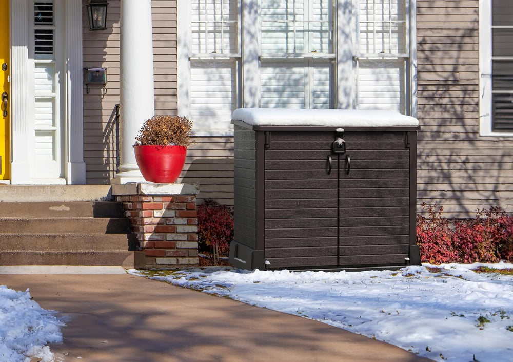Duramax StoreAway 1200L Plastic Garden Shed/ Flat Lid, Outdoor Storage Shed, Wheelie Bin Hideaways, Wheelie bin box, Durable Construction, Ideal for Bikes, BBQs & 2x 240L Bins, 145x85x125 cm, Brown