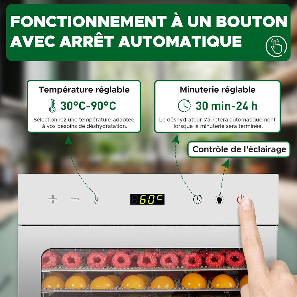 Kwasyo Food Dehydrator Stainless Steel 8 Trays Temperature Regulator 30-90°C 24H Timer Function BPA Free Dehydrator for Fruit, Meat, Vegetables
