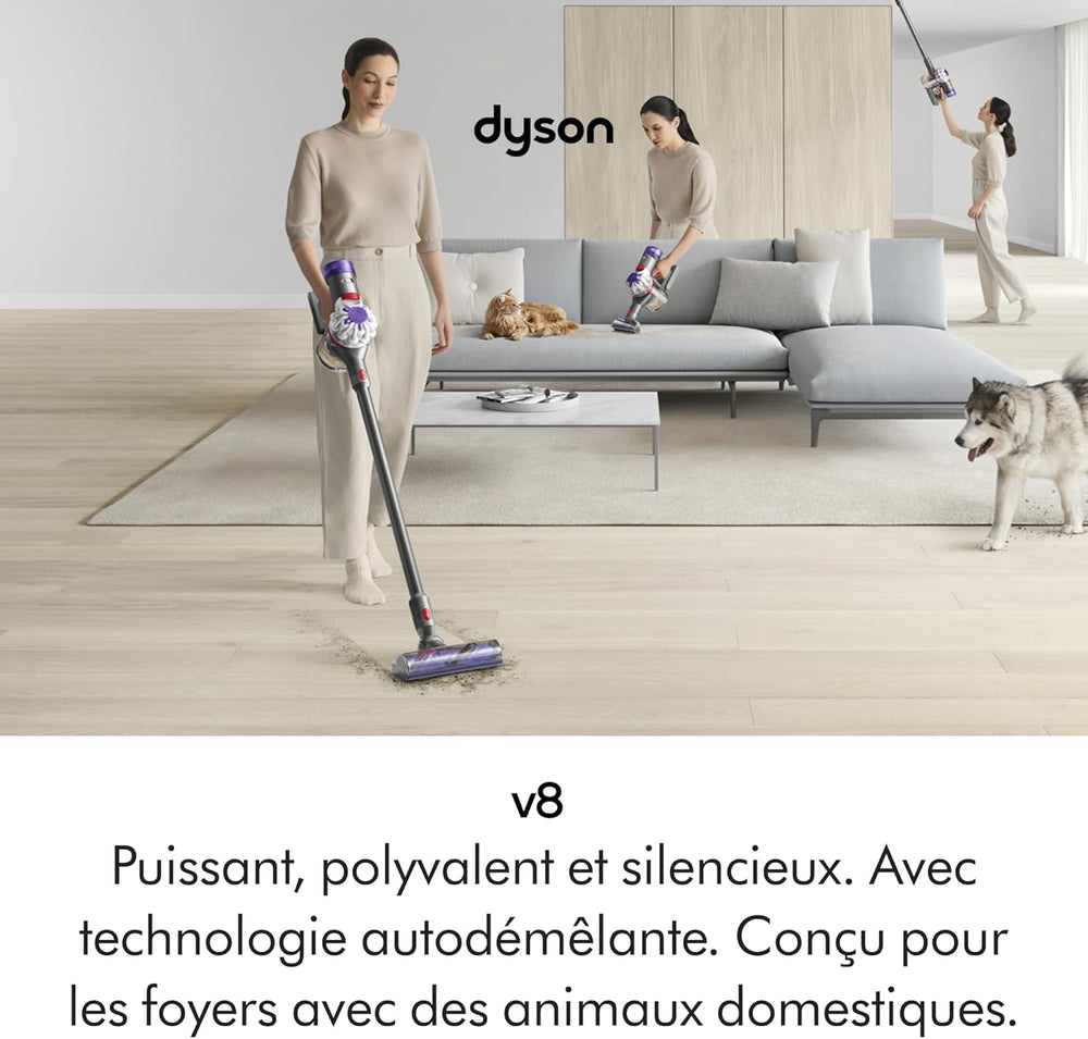 Dyson V8 Advanced™ Aspirateur Balai sans Fil – 130 AW, 40 Min d’autonomie, Brosse Motorbar Auto-démêlante, Accessoires combinés, Station Murale, Argent/Nickel