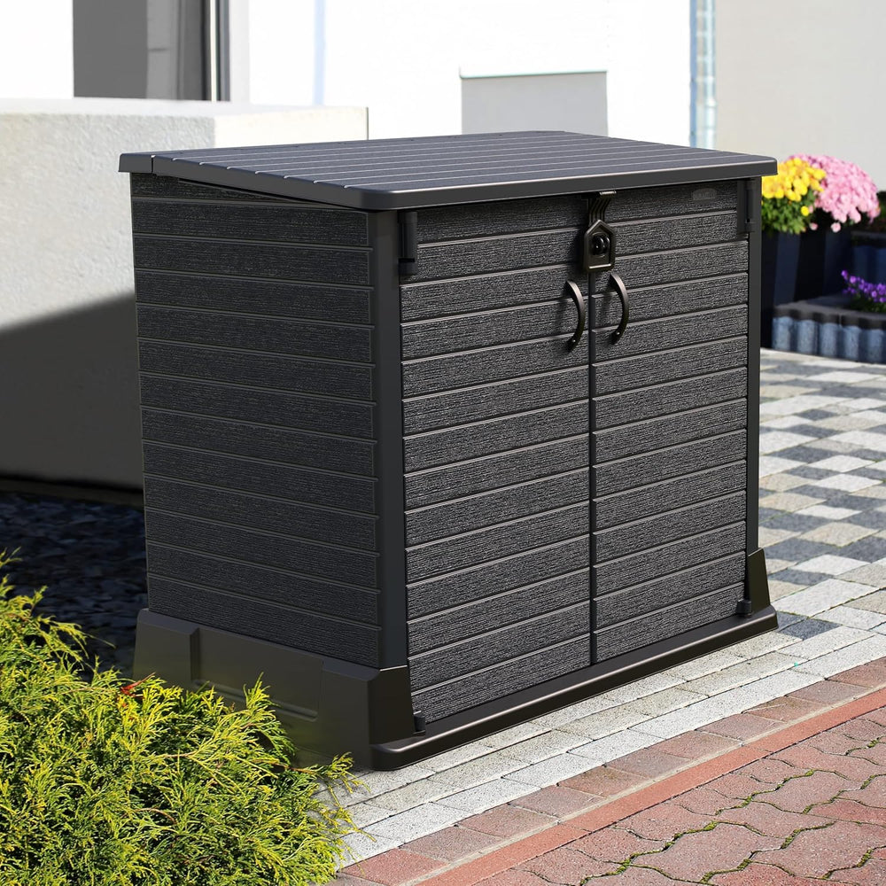 Duramax StoreAway 1200L Plastic Garden Shed/ Flat Lid, Outdoor Storage Shed, Wheelie Bin Hideaways, Wheelie bin box, Durable Construction, Ideal for Bikes, BBQs & 2x 240L Bins, 145x85x125 cm, Brown