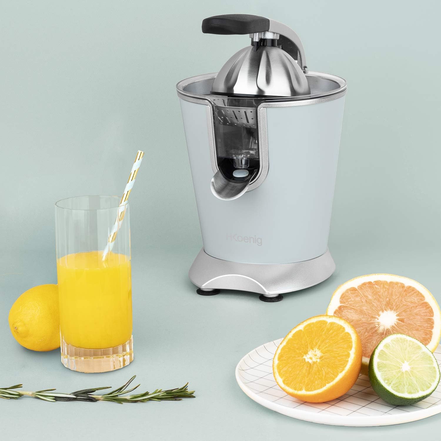 H.Koenig AGR80 160W Professional Electric Citrus Juicer Stainless Steel Lever and Filter Drip Free BPA Free Dishwasher Safe Parts