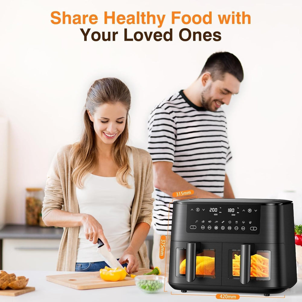 9L Dual Zone Air Fryer avec Fenêtre de Visualisation, Friteuse sans Huile avec 2 Tiroir, 9-in-1 Programmes de Cuisson, Écran Tactile, Fonction Rendez-vous, Faible en Grasses, Va au Lave-vaisselle
