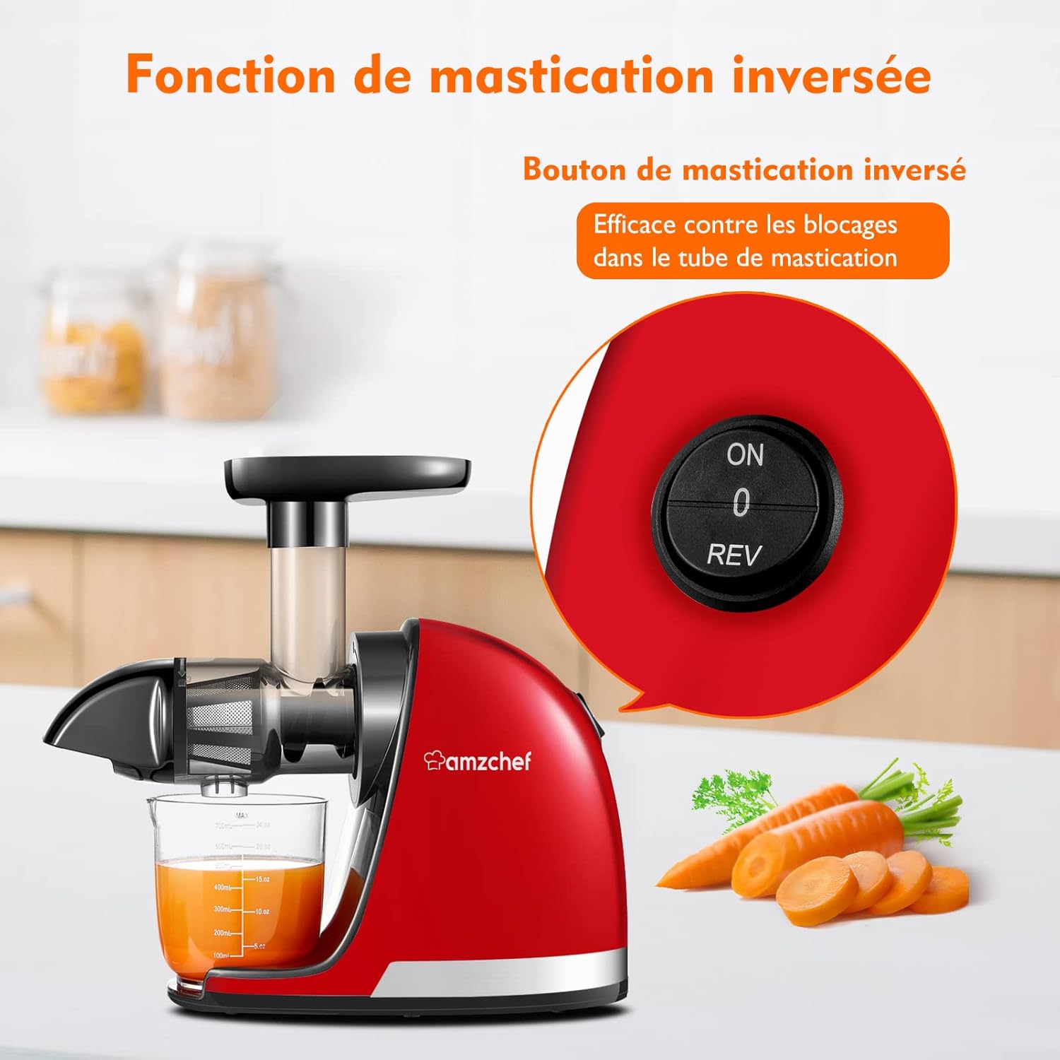 AMZCHEF Extracteur Jus - Extracteur de Jus de Fruits et Légumes - Presses-agrumes à Froid sans BPA avec 2 Tasses et Brosse - Fonction de Mastication Inversée pour Éviter les Blocages - Argent