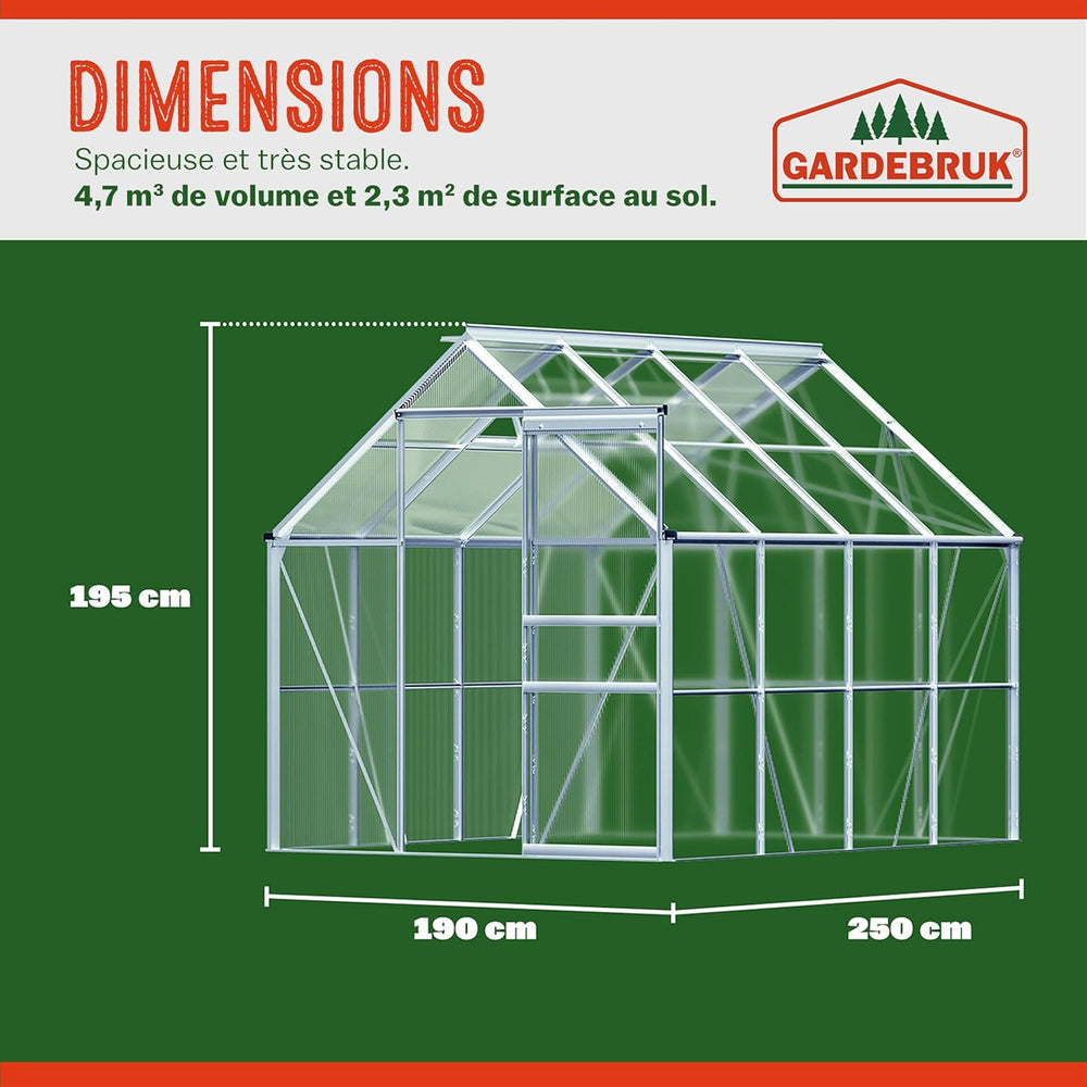 Gardebruk Serre de Jardin en Aluminium 7,63m³ abri extérieur pour Plantes légumes 250x190x195cm avec fenêtres