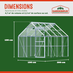 Gardebruk Serre de Jardin en Aluminium 7,63m³ abri extérieur pour Plantes légumes 250x190x195cm avec fenêtres