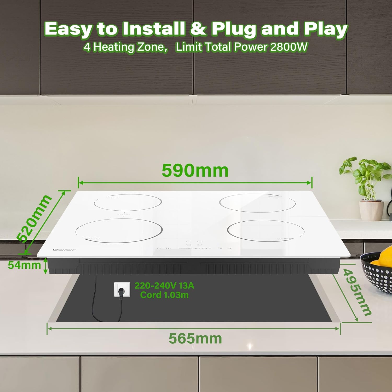 GIONIEN Plaque à Induction 4 Foyers 60cm Blanc,16Amp Plaque à Induction Encastrable,Table de cuisson électrique intégrée avec zone de pont, Table de cuisson,2800W