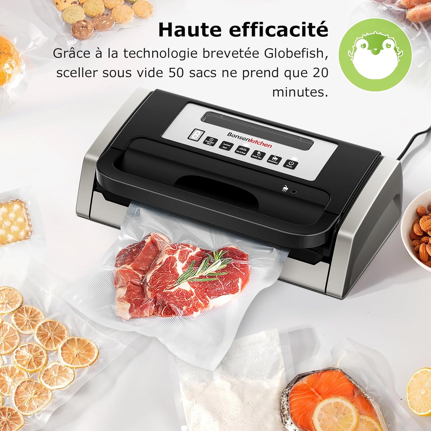 Bonsenkitchen Powerful and Quiet Food Vacuum Sealer with Globefish Technology for Continuous Work, Locked Handle Design, Integrated Cutter, 2 Rolls of Bags Included