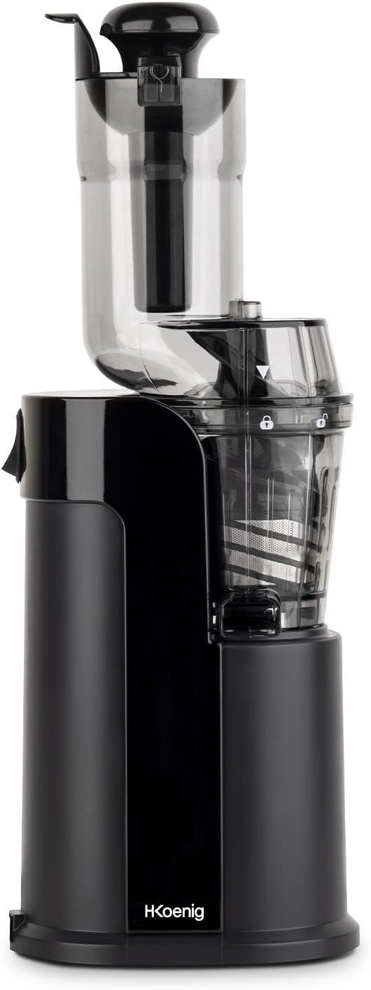 Extracteur de Jus de Fruits et Légumes vertical GSX24 H.Koenig Centrifugeuse Vitamin + sans BPA - 82 mm Large Bouche - 3 tamis pour jus fin ou épais et sorbet - Pression douce - 50 tours 400 W