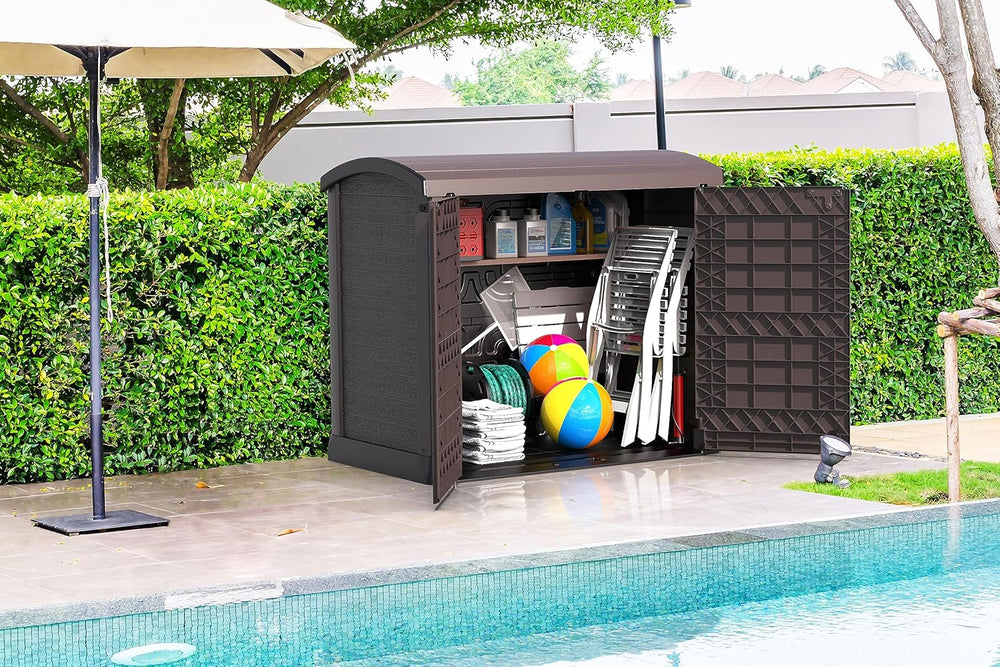 Duramax StoreAway 1200L Plastic Garden Shed/ Flat Lid, Outdoor Storage Shed, Wheelie Bin Hideaways, Wheelie bin box, Durable Construction, Ideal for Bikes, BBQs & 2x 240L Bins, 145x85x125 cm, Brown