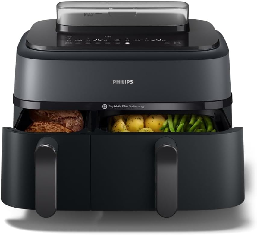 Philips Air Fryer 3000 Series Double Basket - Healthy, Fast and Versatile Cooking, 9 Litre Capacity, Touch Screen, Two Drawer Design (NA350/00)