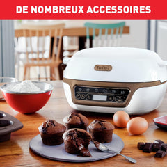 Tefal Machine à gâteaux, 5 programmes automatiques pour réglage, 1 mode manuel, 3 moules flexibles, 1 grand moule en acier revêtu, Compatible avec moules Crispybake, Cake Factory+ KD802112