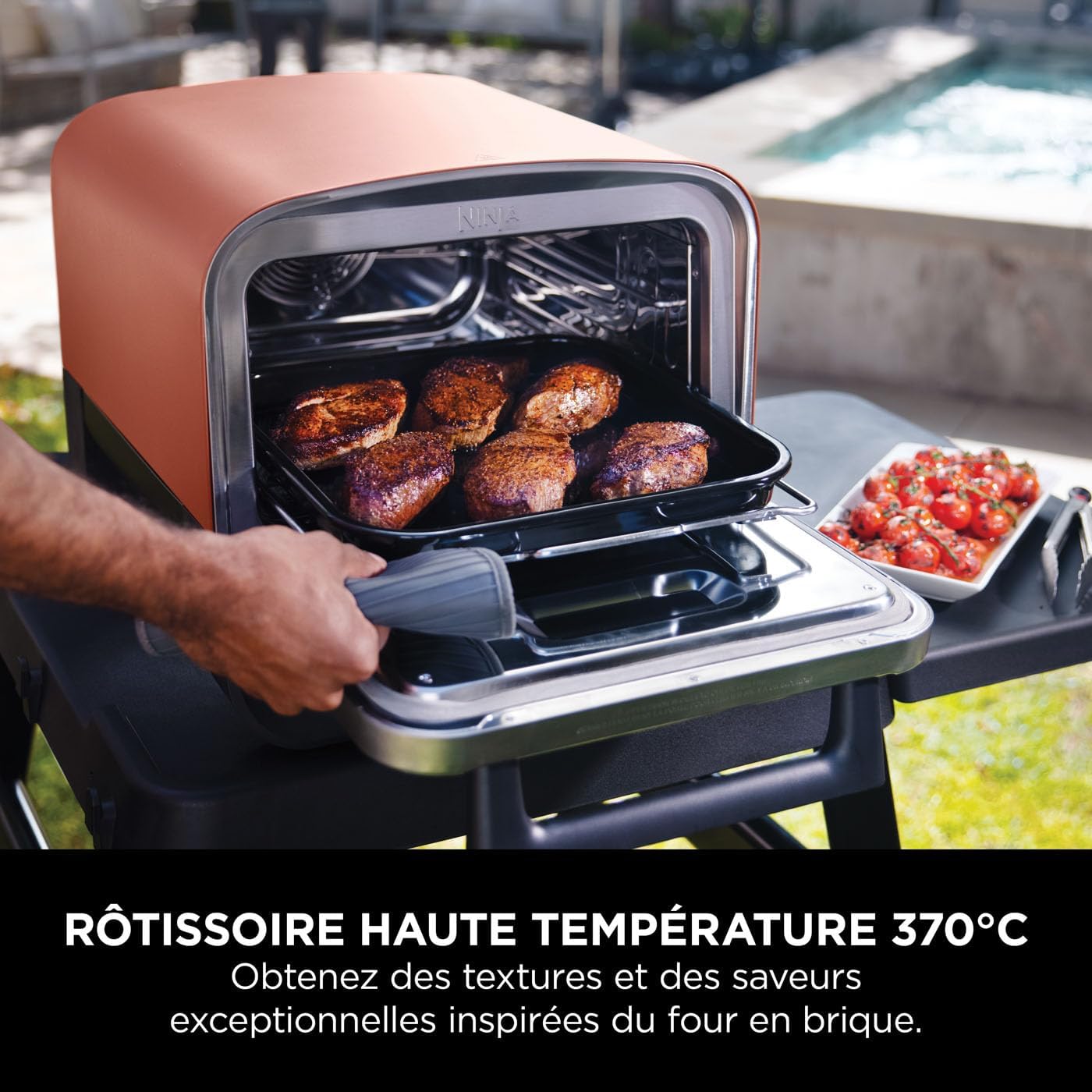 Ninja Woodfire 8-in-1 Electric Outdoor Pizza Oven, Rotisserie & Smoker BBQ with Grate, Pro-Heat Plate, Pizza Stone, Wood Pellets and Shovel, 6 Settings, Dark Orange OO101EU