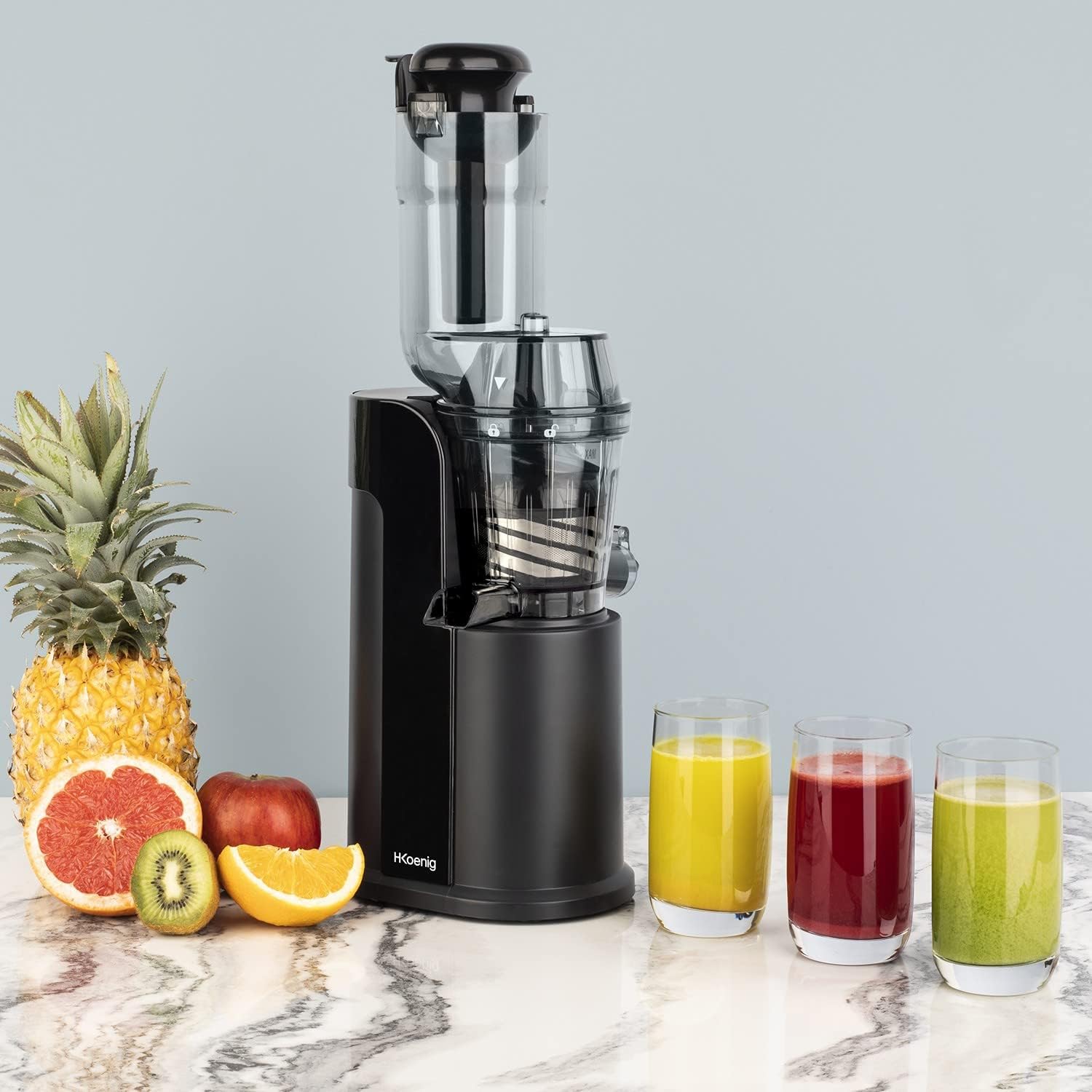 H.Koenig GSX12 Vertical Juice Extractor Stainless Steel Black, Fruit and Vegetable Juice, BPA Free, 82 mm Wide Mouth, Soft Pressure, 1 Litre, 400 W