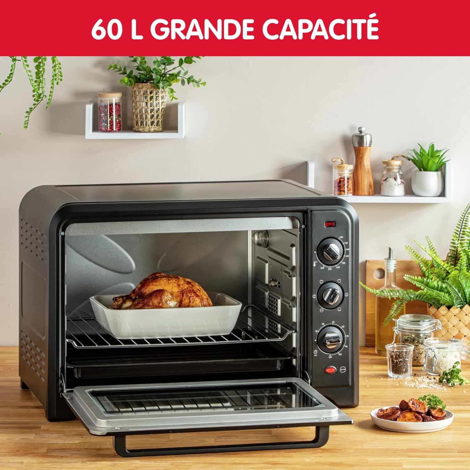 Moulinex Oven, 33 L, Rotating heat, Advanced convection, 6 cooking modes, Thermostat adjustable up to 240°C, Timer 120 min, Reversible grill, Silicone oven mitts, Optimo Black OX464811