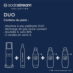 SodaStream Duo Sparkling Water Machine for Glass Jug | Pack of 2 Glass Jugs 1L + 1 Bottle 1L Dishwasher Safe + 1 60L Gas Refill Clip On | Black [Amazon Exclusive]