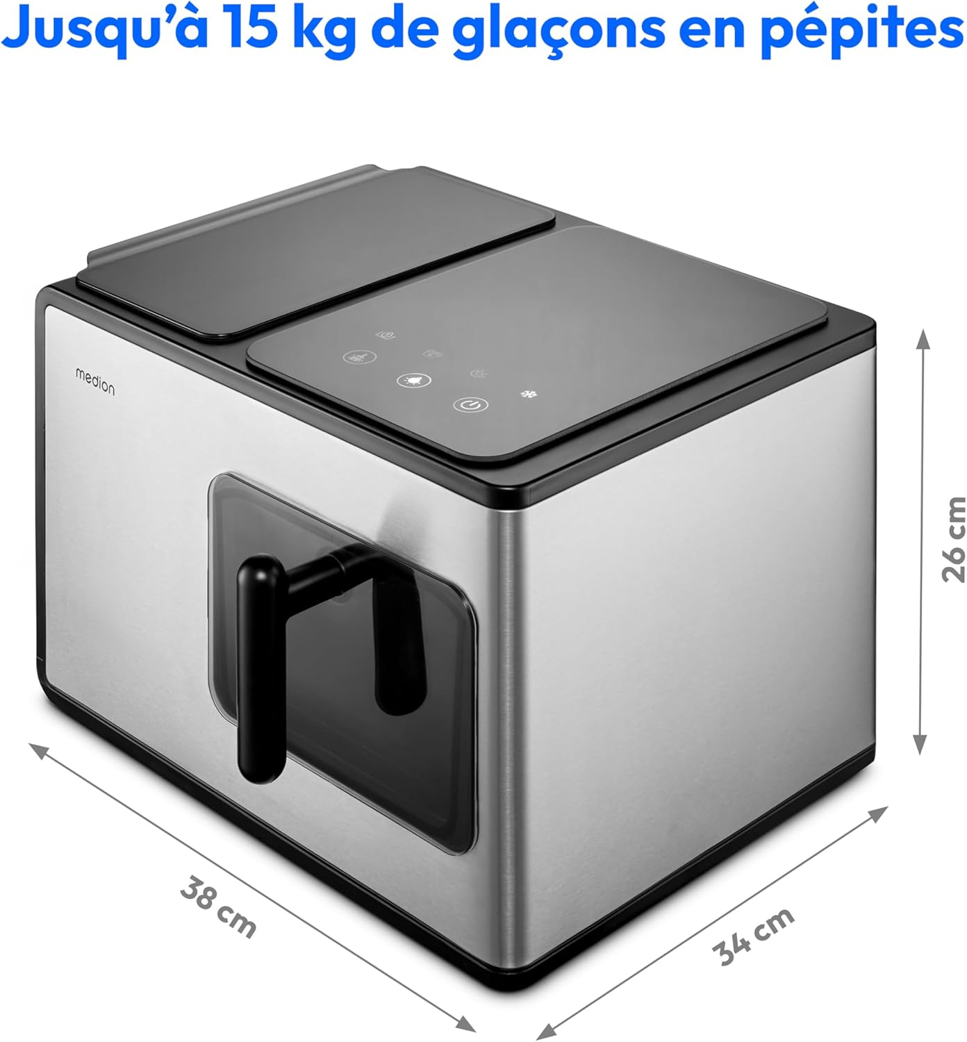 MEDION Ice maker (ice cube size small & large, 2.6 litre water tank, short production time approx. 10 minutes, crystal clear ice cubes, self-cleaning, control window, screen,