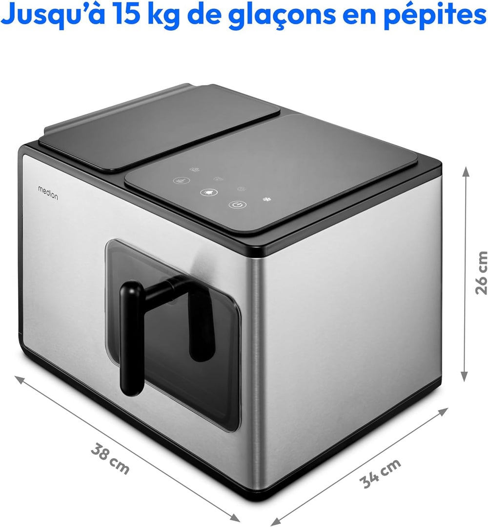 MEDION Ice maker (ice cube size small & large, 2.6 litre water tank, short production time approx. 10 minutes, crystal clear ice cubes, self-cleaning, control window, screen,