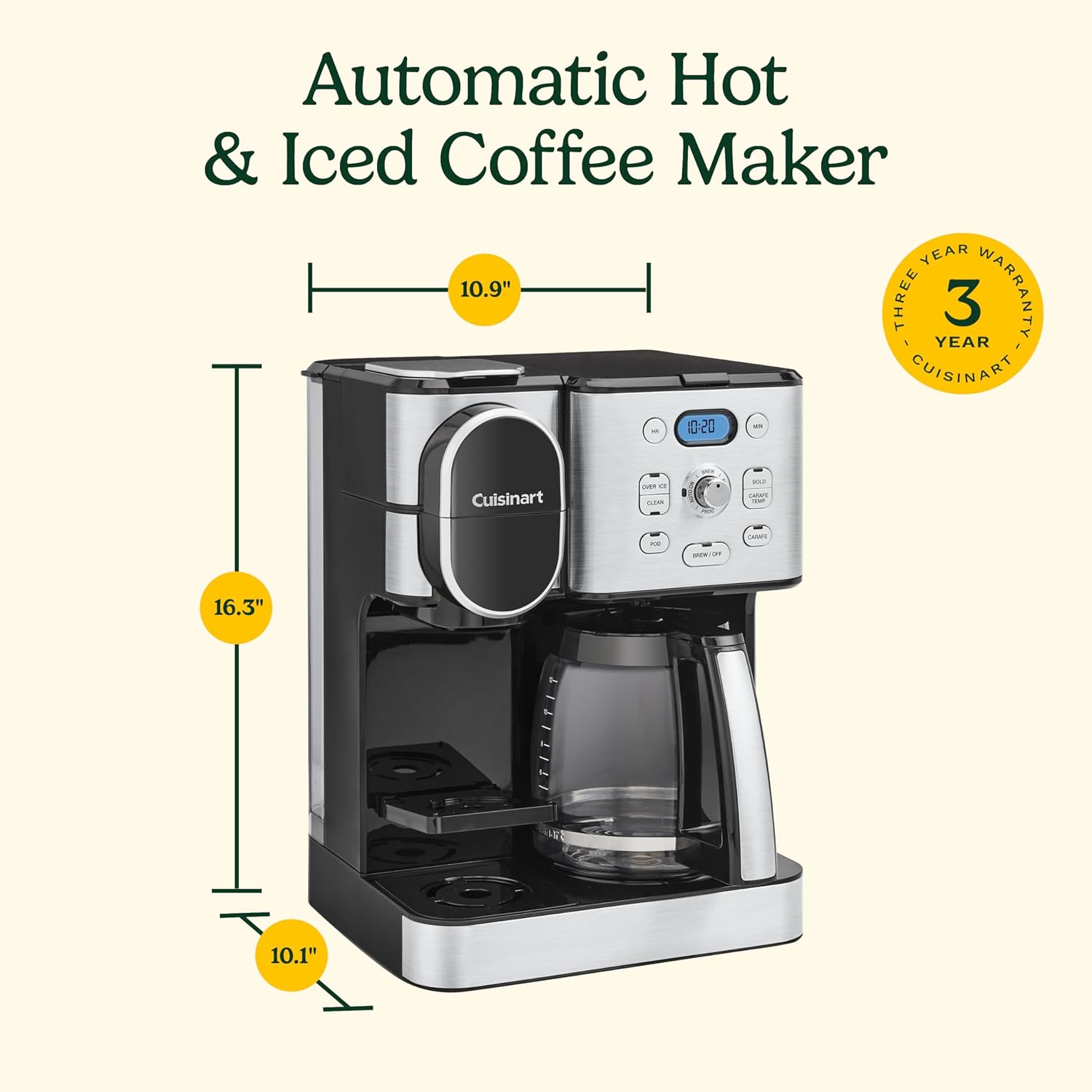 Cuisinart Cafetière, carafe en verre de 12 tasses, cafetière automatique chaude et glacée, machine à café à serveur unique, acier inoxydable noir, SS-16BKS