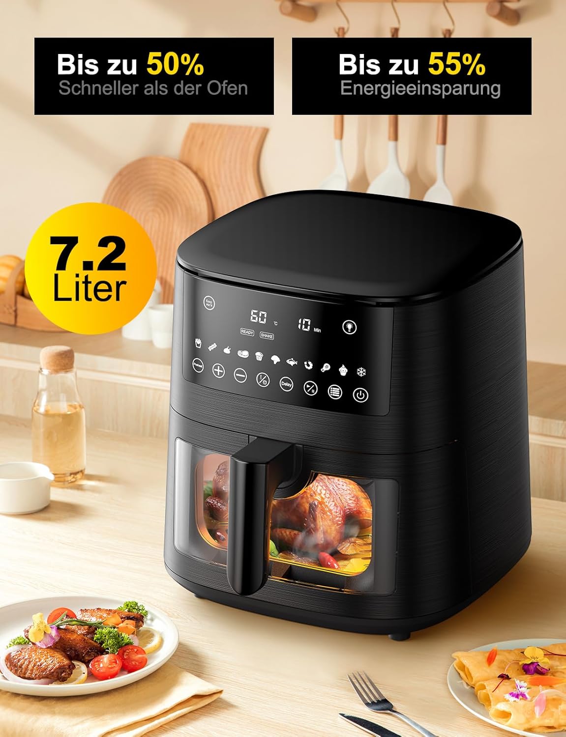 9L Dual Zone Air Fryer avec Fenêtre de Visualisation, Friteuse sans Huile avec 2 Tiroir, 9-in-1 Programmes de Cuisson, Écran Tactile, Fonction Rendez-vous, Faible en Grasses, Va au Lave-vaisselle