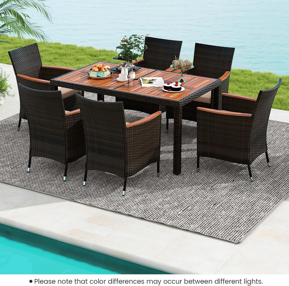 GIANTEX Salon de Jardin 6 Personnes en Rotin et Bois d'Acacia, Table de Jardin Extérieure avec 6 Chaises, Coussins, Trou de Parasol, Pieds Réglables, pour Cour, Pique-Nique, Marron