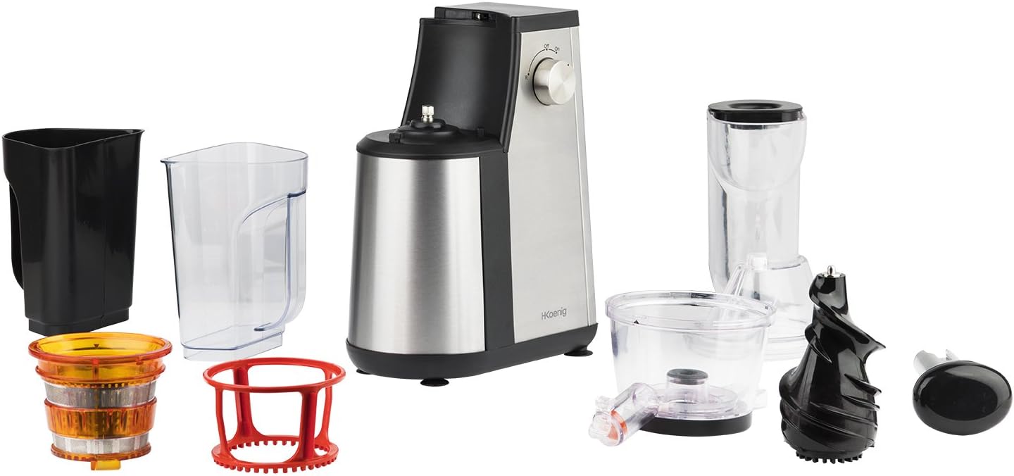 Extracteur de Jus de Fruits et Légumes vertical GSX24 H.Koenig Centrifugeuse Vitamin + sans BPA - 82 mm Large Bouche - 3 tamis pour jus fin ou épais et sorbet - Pression douce - 50 tours 400 W