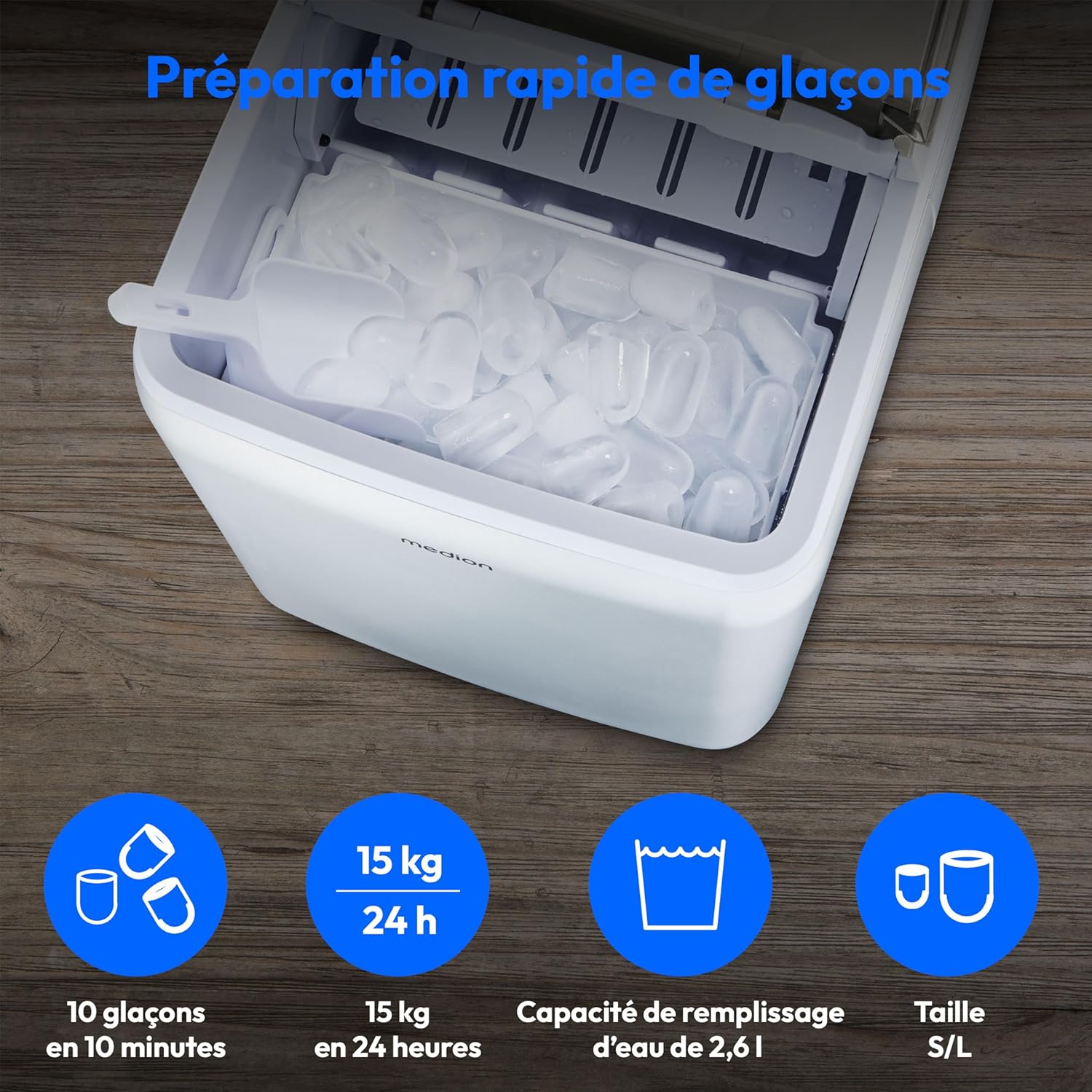 MEDION Ice maker (ice cube size small & large, 2.6 litre water tank, short production time approx. 10 minutes, crystal clear ice cubes, self-cleaning, control window, screen,