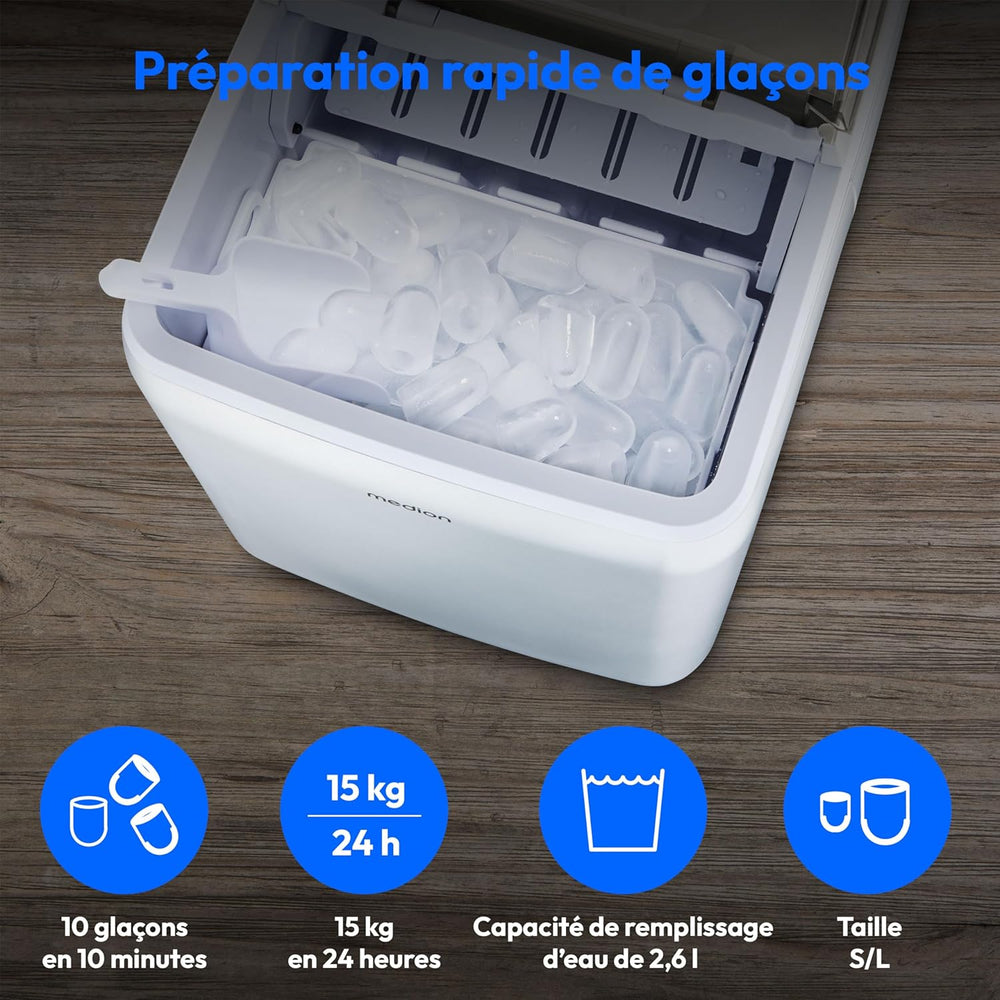 MEDION Ice maker (ice cube size small & large, 2.6 litre water tank, short production time approx. 10 minutes, crystal clear ice cubes, self-cleaning, control window, screen,