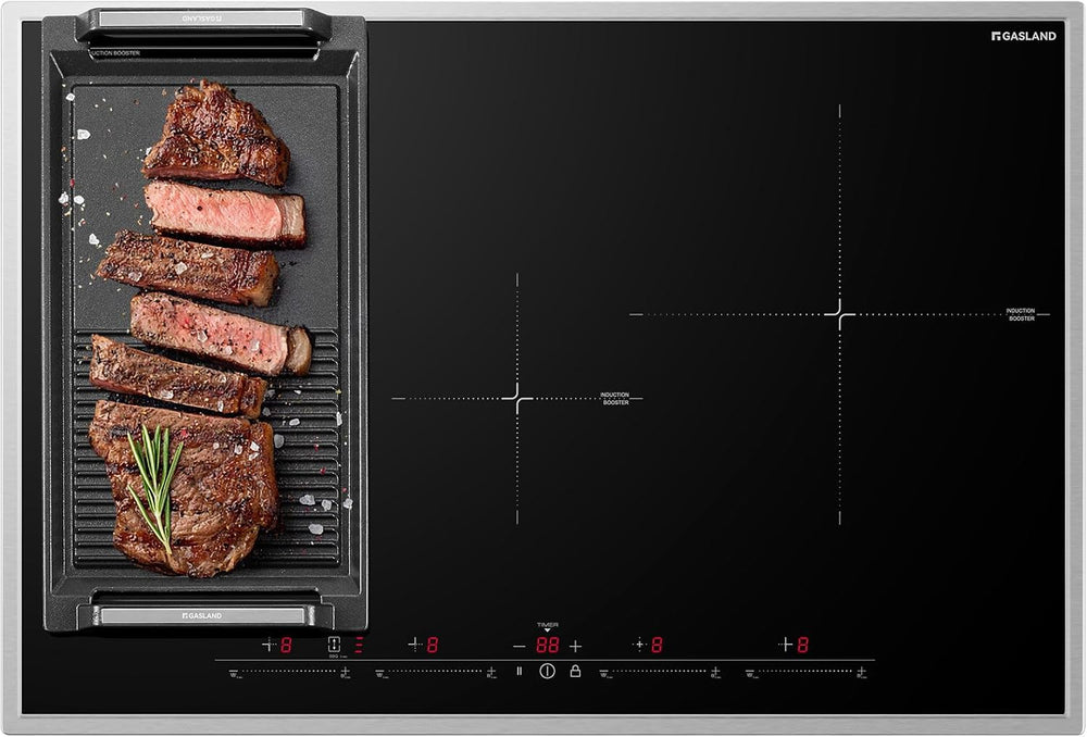 GASLAND IH774BFB Plaque de Cuisson Induction encastrable 77 cm, 4 foyers avec cadre en inox, zone spéciale BBQ, PowerBoost, 7000W (Poêle non incluse)