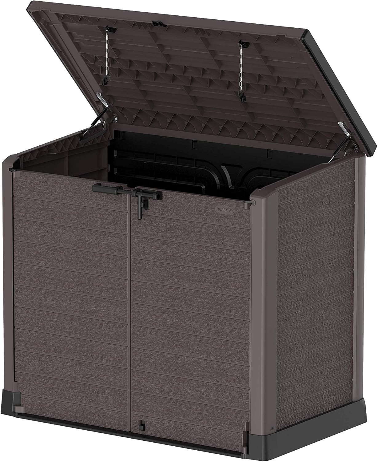 Duramax StoreAway 1200L Plastic Garden Shed/ Flat Lid, Outdoor Storage Shed, Wheelie Bin Hideaways, Wheelie bin box, Durable Construction, Ideal for Bikes, BBQs & 2x 240L Bins, 145x85x125 cm, Brown