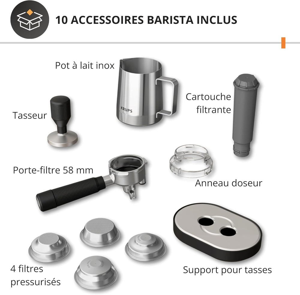 Krups Virtuoso+, Machine expresso, Machine a cafe à pompe, expresso machine a cafe moulu ou dosettes, 15 bars, Inox, Buse vapeur, Espresso et cappuccino, XP444G10