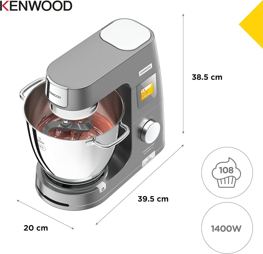 Kenwood Titanium Chef Patissier XL KWL90.034SI, Robot Patissier Balance Intégrée, Batteur K, Pétrin, Fouet, Batteur Souple, Deux Bols, Couvercle Anti-Projections, 1400W, Acier, Argent