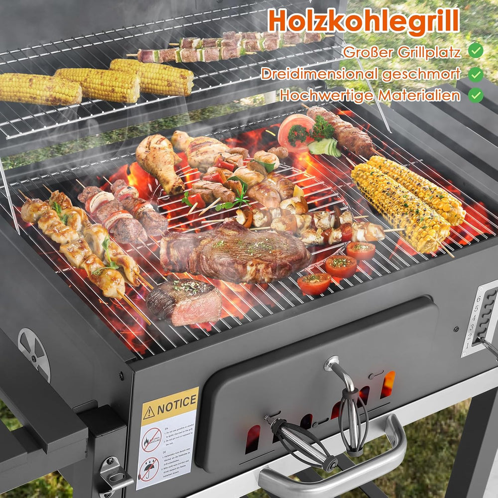 Barbecue Charbon de Bois XL, Chariot à Barbecue, Grill XL à Charbon avec Couvercle, Roues et Thermomètre, Réglable en Hauteur, Grand Barbecue au Charbon de Bois, pour Camping et Jardin, Noir
