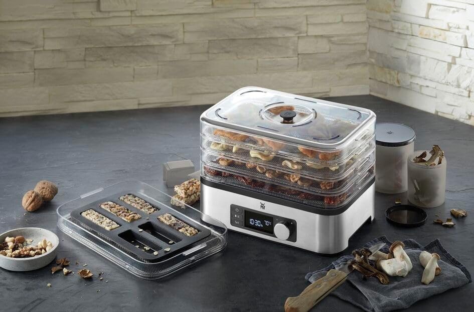 WMF KITCHENminis Dehydrator, 400 W, Stainless Steel, 5 Trays BPA Free, Programmable Dried Fruits, Vegetables, Dehydrated Mushrooms, Cereal Bars, Cromargan 0415250011